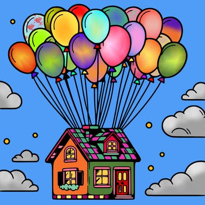 house floating from lots of balloons
