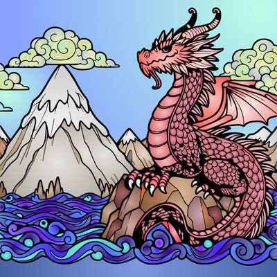 detailed dragon on a mountain surrounded by water