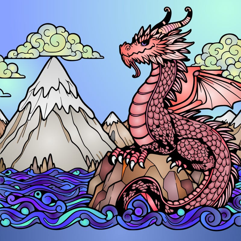 detailed dragon on a mountain surrounded by water