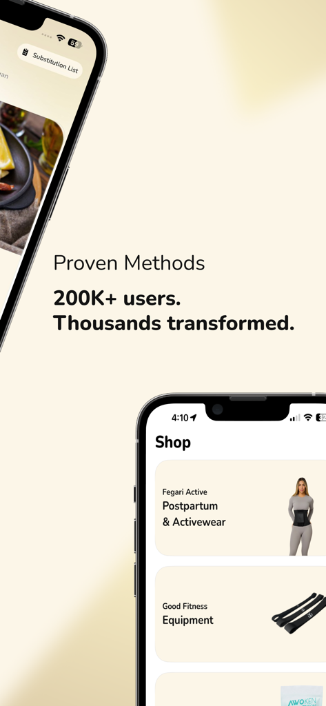 Good Fitness app interface showing proven methods and the shop section for activewear and equipment
