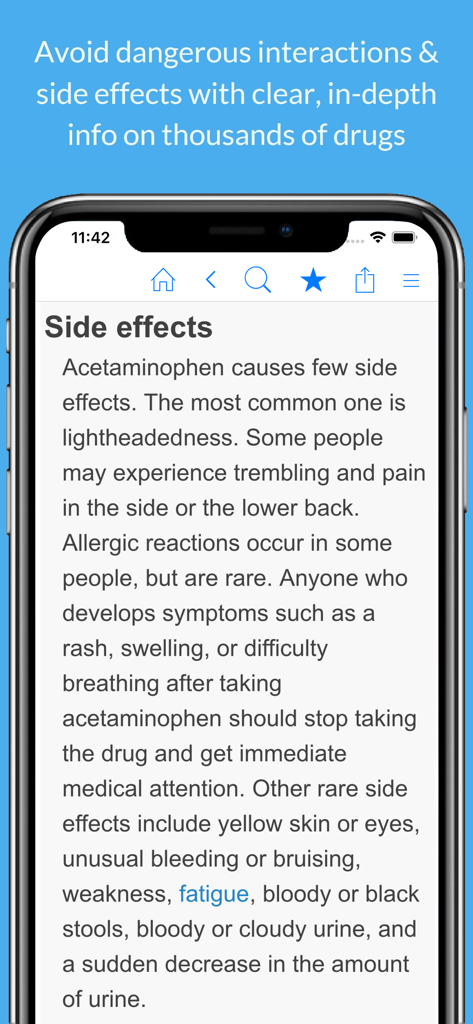 Medicine Dictionary - Screenshot of the Medicine Dictionary app showing side effects for Acetaminophen