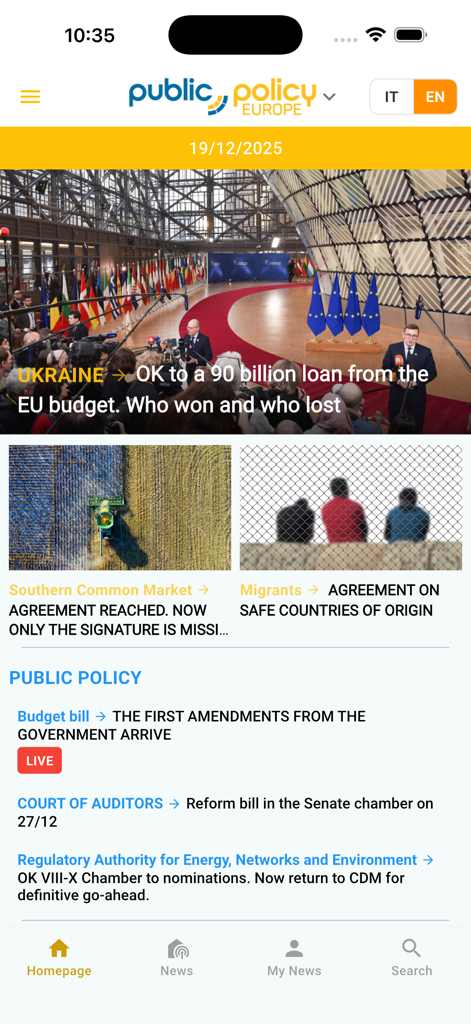 Public Policy News App-Homepage mit Artikeln zu europäischen institutionellen und politischen Nachrichten