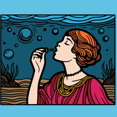 pop art style woman blowing a bubble underwater