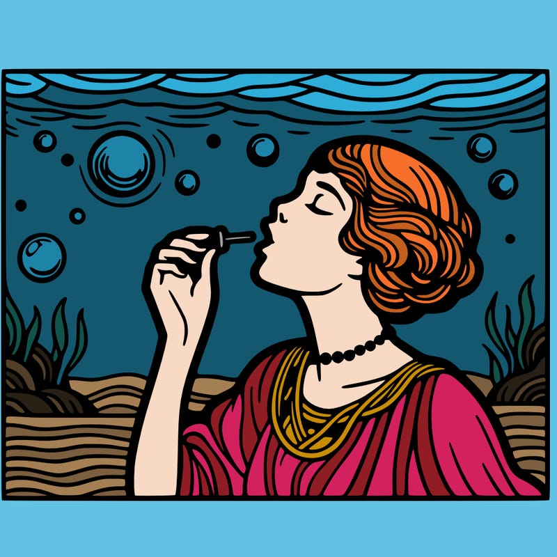 pop art style woman blowing a bubble underwater