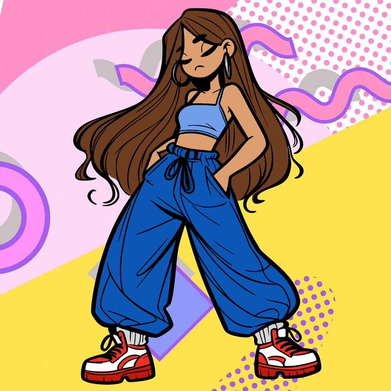 girl in baggy pants crop top and long hair