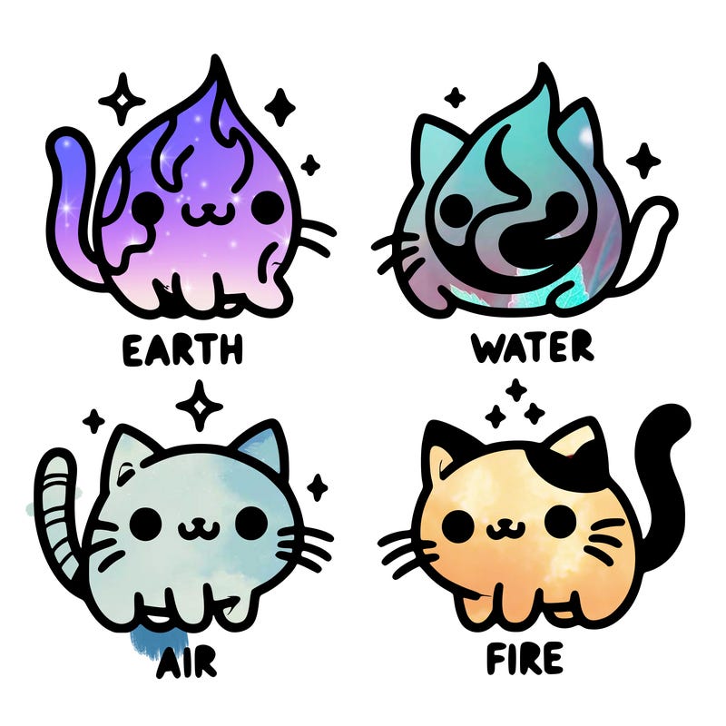 4 cats that represent the different elements, earth, water, air, and fire