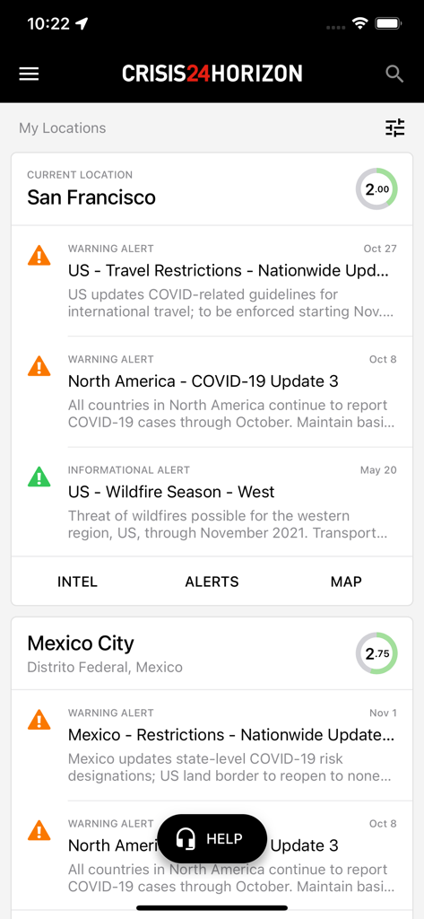Crisis24 Horizon Mobile - Crisis24 Horizon app interface showing safety alerts and risk ratings for San Francisco and Mexico City.