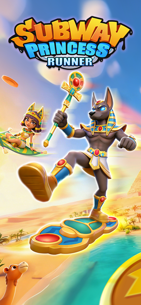 Personajes de Subway Princess Runner, Anubis en un hoverboard y Cleopatra en una alfombra mágica, en un desierto egipcio.