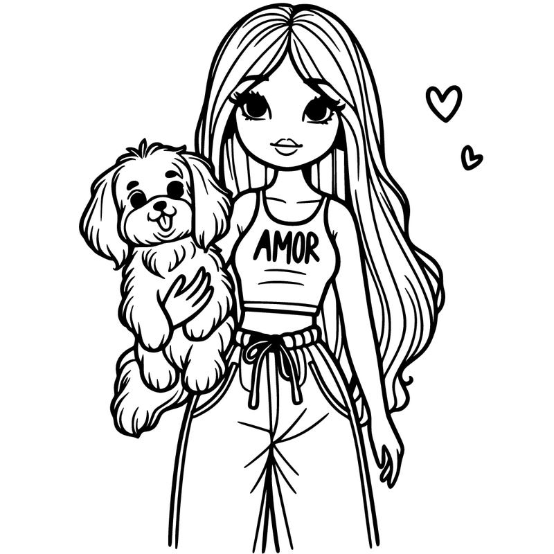 beautiful girl holding a dog with straight hair in a crop top that says amor with baggy pants