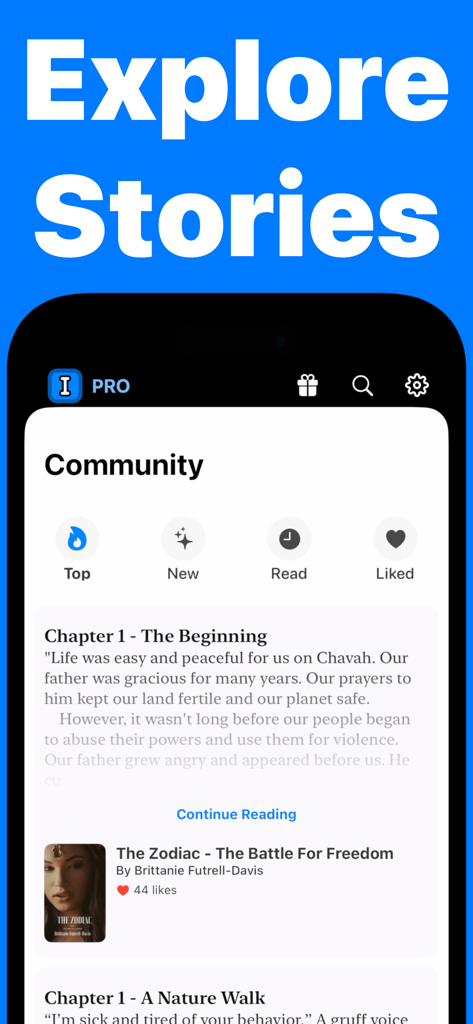 Die Community-Seite der Story Writer App, die vorgestellte Buchkapitel und trendige Romane zum Erkunden zeigt.