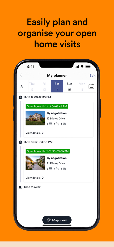 OneRoof app interface for organizing and scheduling real estate open home visits.