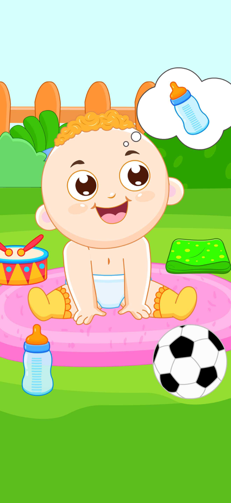 Take Care of a Baby Doll Games - A happy cartoon baby sitting on a pink mat outdoors thinking of a milk bottle