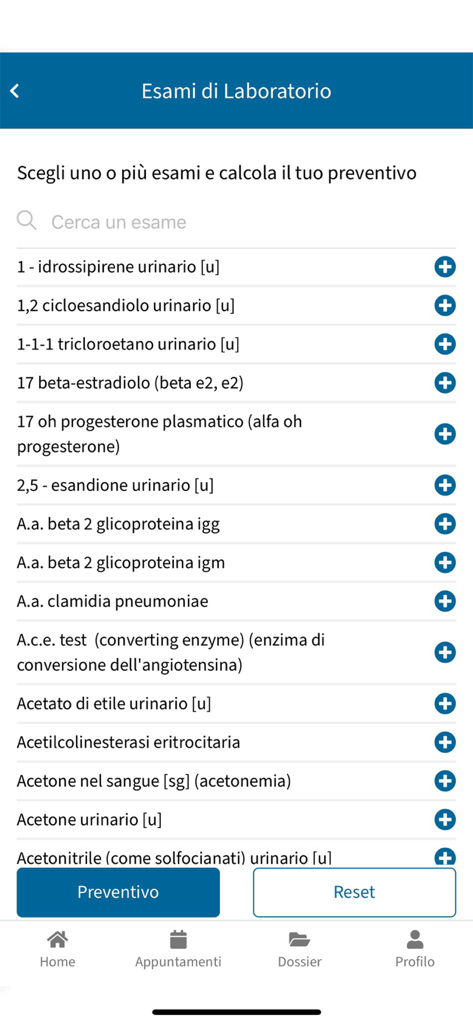 My Santagostino - Interface of the My Santagostino app showing a list of laboratory medical exams to select for a quote estimation.