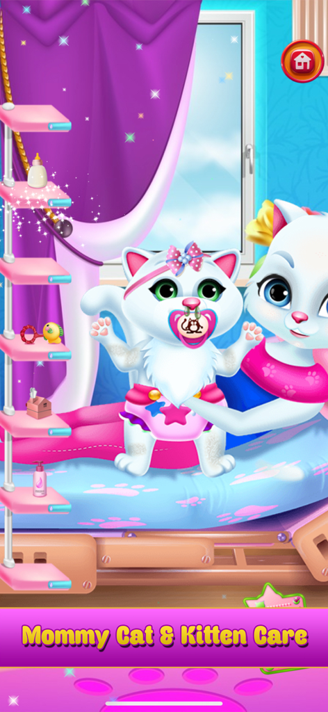 보육실에서 기저귀와 쪽쪽이를 착용한 아기 고양이를 돌보는 새끼 고양이 엄마.