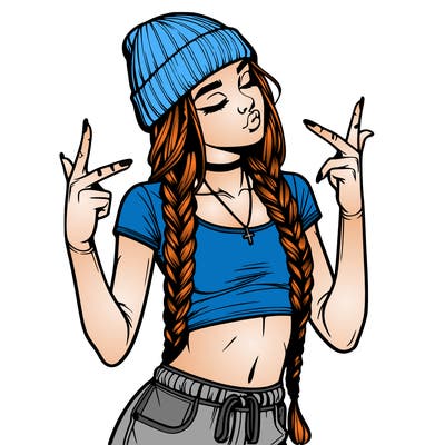 realistic teenage girl with braids and a beanie and crop top doing 🫶🏼