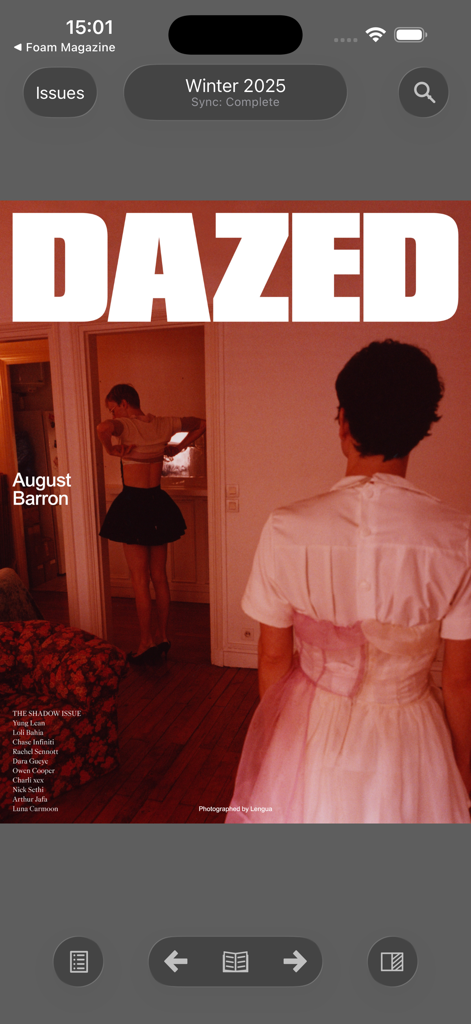 Dazed Magazine - Interfaz de la aplicación Dazed Magazine que muestra la portada del número digital de invierno de 2025 con fotografía de moda artística.