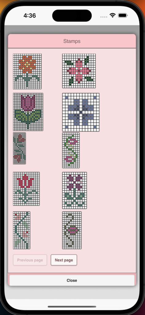Graphghan Pattern Creator - Stamps selection menu in Graphghan Pattern Creator showing various floral and geometric crochet grid patterns.