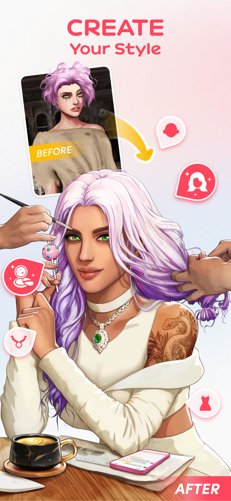 My Escape: My Secret Crush - Trasformazione del personaggio prima e dopo in My Escape che mostra opzioni di styling di capelli e trucco