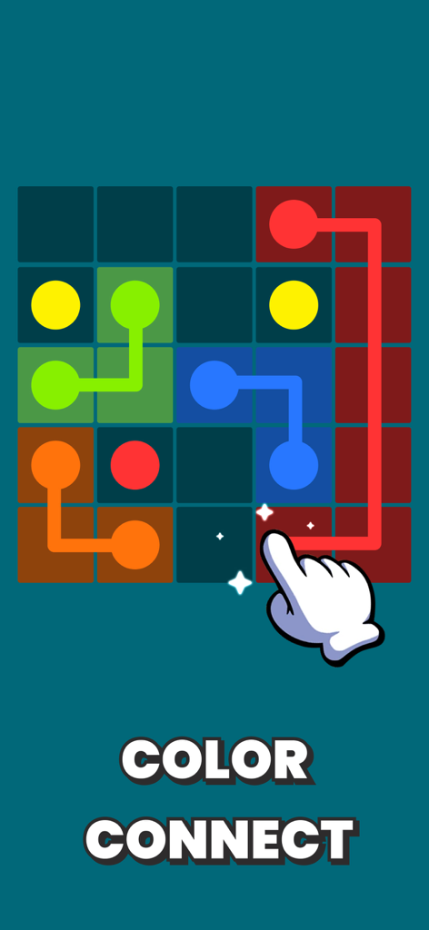 Captura de pantalla de un juego de rompecabezas de lógica llamado Color Connect con puntos y caminos de colores en una cuadrícula.