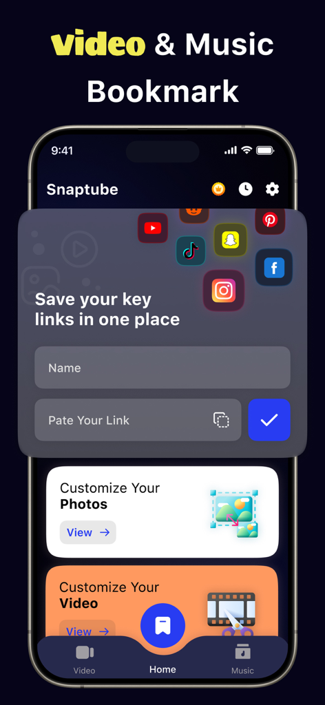 Pantalla de la aplicación TubeMate mostrando opciones para guardar enlaces de redes sociales y personalizar fotos y vídeos.