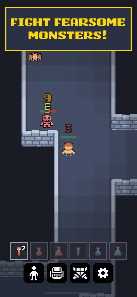 Rogue Realm - ピクセルアートキャラクターが、ダンジョン回廊でスケルトンとコウモリと戦っている様子