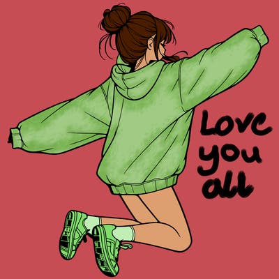 realistic girl jumping with a bun and oversized sweatshirt