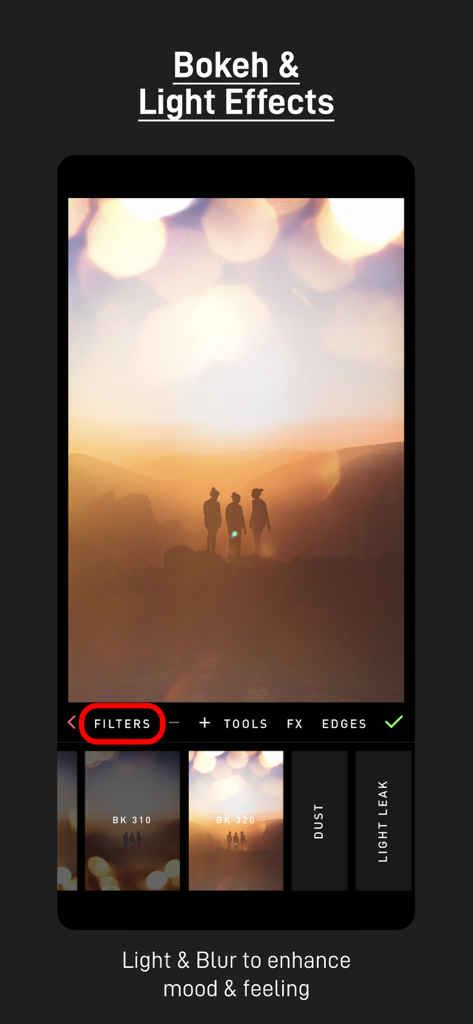 PICFX Picture Editor & Borders - PICFX app interface showing bokeh and light leak filters applied to a sunset photo