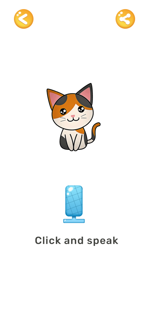 Cat Translator: Cat to Human - Interface of the Cat Translator app showing a cartoon cat and a microphone button with the instruction Click and speak.