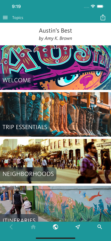 オースティン・ベスト旅行ガイドアプリのメインメニュー。旅行計画や地域ごとのナビゲーションカテゴリが表示されている。