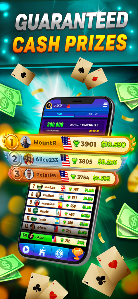 21 Jack - Blackjack Real Money - Tabla de clasificación del juego móvil 21 Jack mostrando a los mejores jugadores y premios en efectivo garantizados