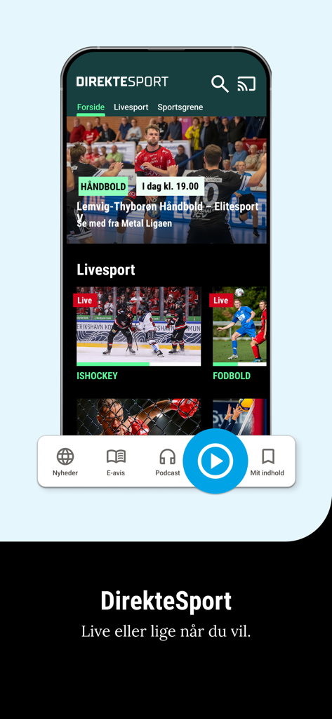Folkebladet Lemvig - Mobile app interface of Folkebladet Lemvig showing live sports coverage for handball and ice hockey.