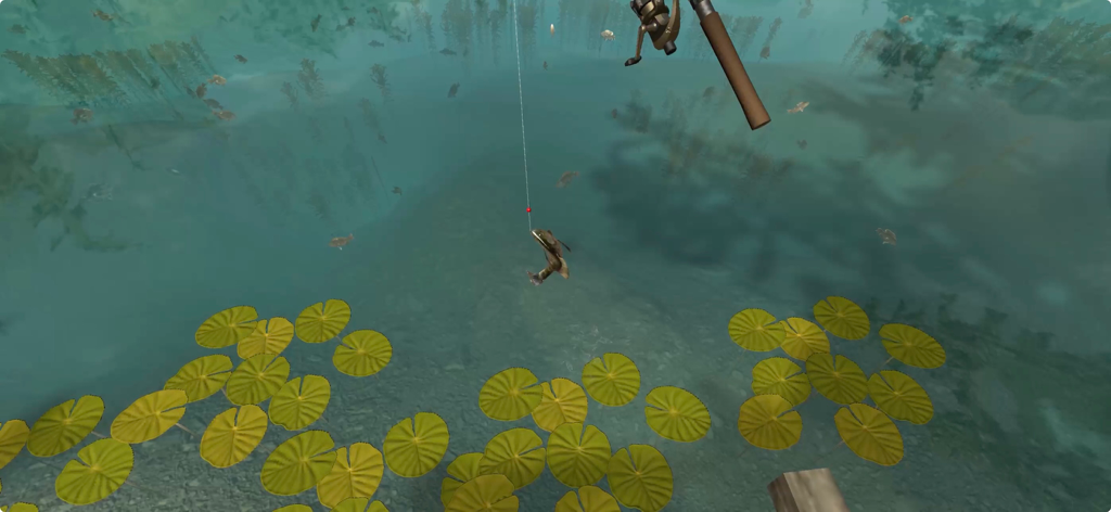 Fishing Friends 3D - Big Catch - Vista en primera persona de la captura de un pez en un lago 3D con nenúfares