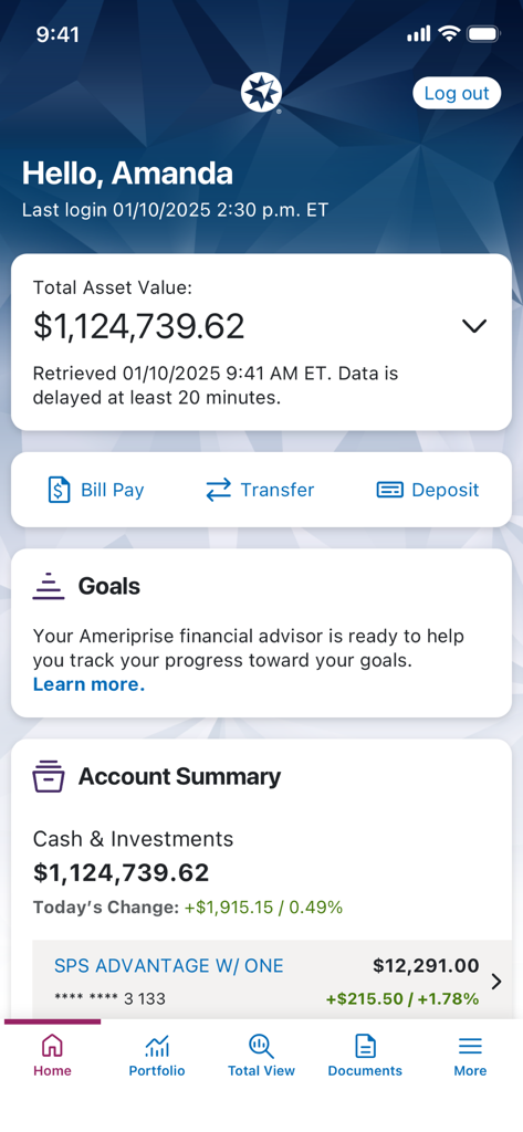 Ameriprise Financial mobile app home screen displaying total asset value and financial goals summary
