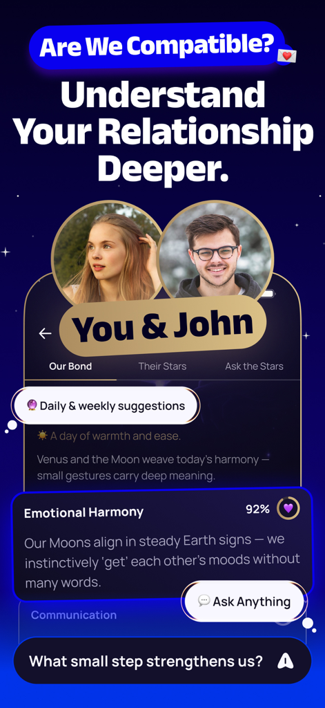 Astro Way - Personal Astrology - A relationship compatibility screen in the Astro Way app showing a 92 percent emotional harmony score between two people.