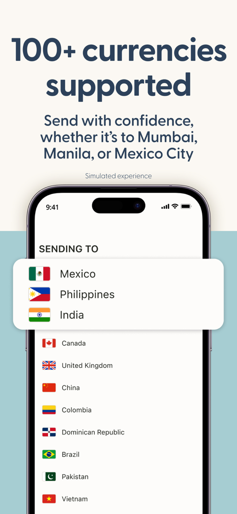 Remitly: Global Money Transfer - Capture d'écran de l'application Remitly montrant une liste de pays pris en charge pour les transferts d'argent internationaux, y compris le Mexique, les Philippines et l'Inde