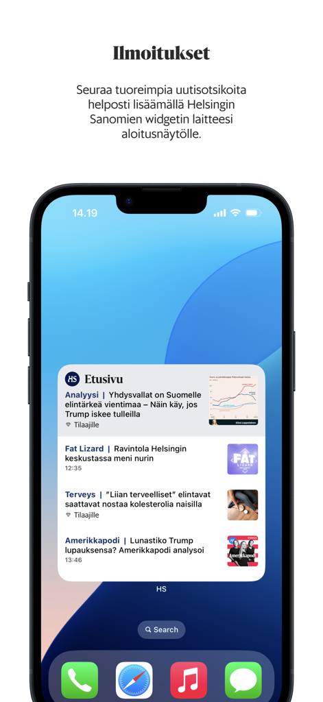 HS – Helsingin Sanomat - A smartphone home screen displaying the Helsingin Sanomat news widget with several article headlines and images.