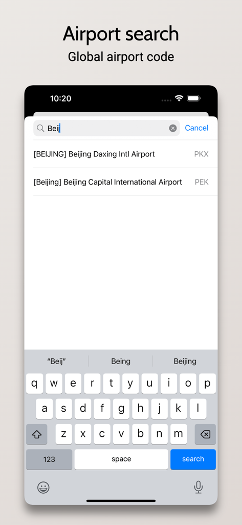 Airport search screen showing results for Beijing international airports including PKX and PEK codes.