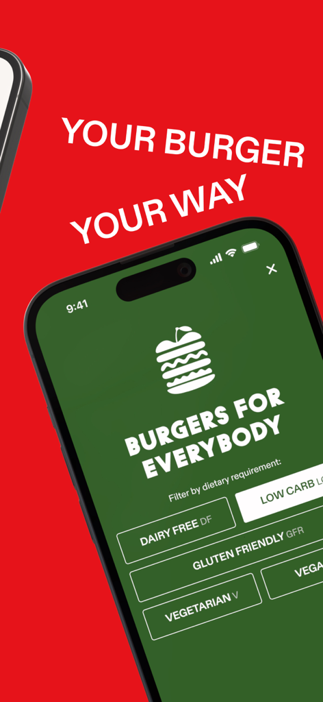 Grill’d mobile app interface showing dietary requirement filters for custom burger ordering.