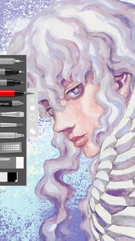 Sketch Art - Draw, Paint & Doodle - Ilustración digital de un personaje con cabello blanco ondulado y una barra lateral de herramientas en la app Sketch Art