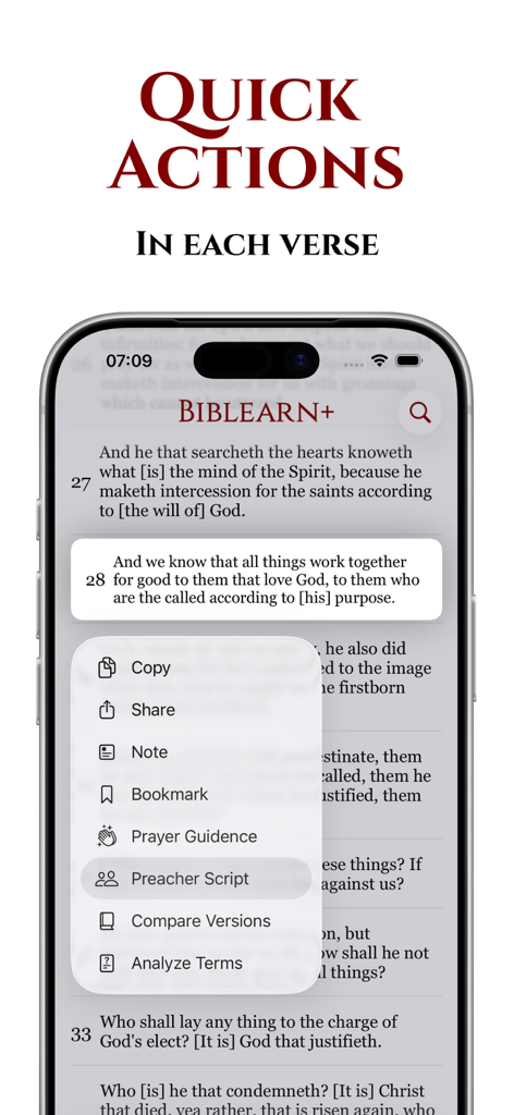 Biblearn+™ KJV: AI Bible Study - Interface of the Biblearn app showing a quick actions menu for a KJV verse with AI features like Prayer Guidance and Preacher Script