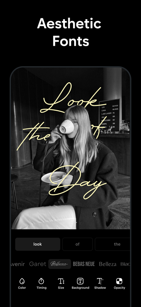 Interface of Muse app showing aesthetic cursive fonts and text editing tools on a lifestyle video.