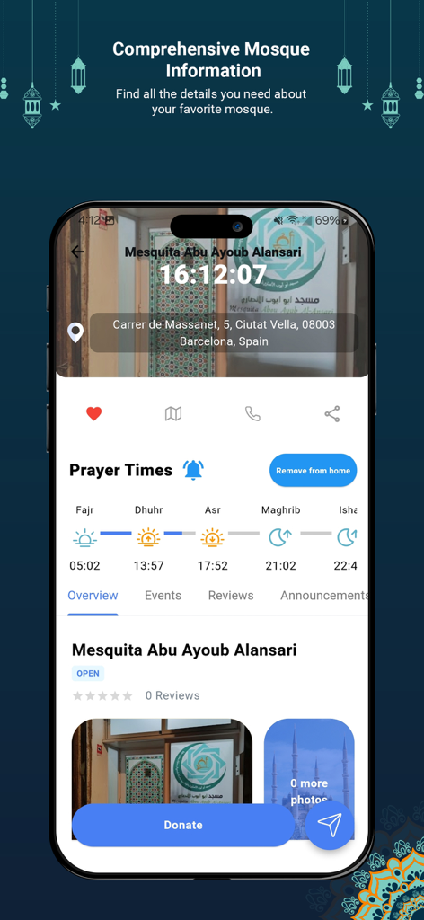 Salah Mate - Salah Mateモバイルアプリのインターフェース。詳細なモスク情報、礼拝時間、寄付ボタンが表示されています。