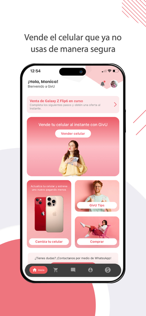 GivU - GivU mobile app dashboard showing options to sell and buy refurbished smartphones