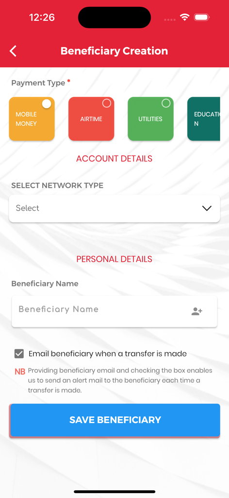 SLCB - The beneficiary creation screen of the SLCB mobile app with payment options for mobile money and airtime