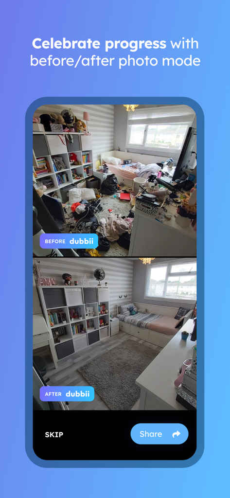 Una comparación de pantalla dividida de un dormitorio desordenado antes y un dormitorio ordenado después de usar la app dubbii para asistencia de limpieza.