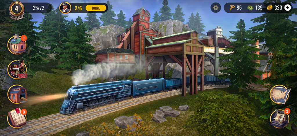 Railroad Empire: Train Game - Une locomotive à vapeur profilée bleue transportant des marchandises devant une usine industrielle dans le jeu Railroad Empire