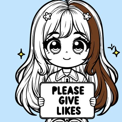 realistic cute girl holding a sign that says “please give likes”