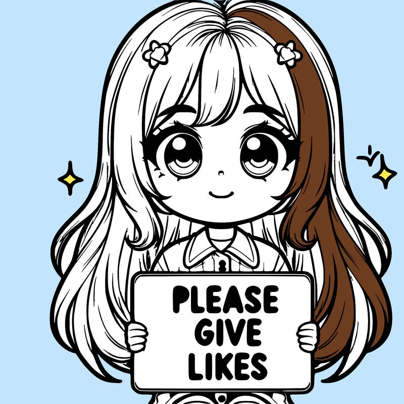 realistic cute girl holding a sign that says “please give likes”