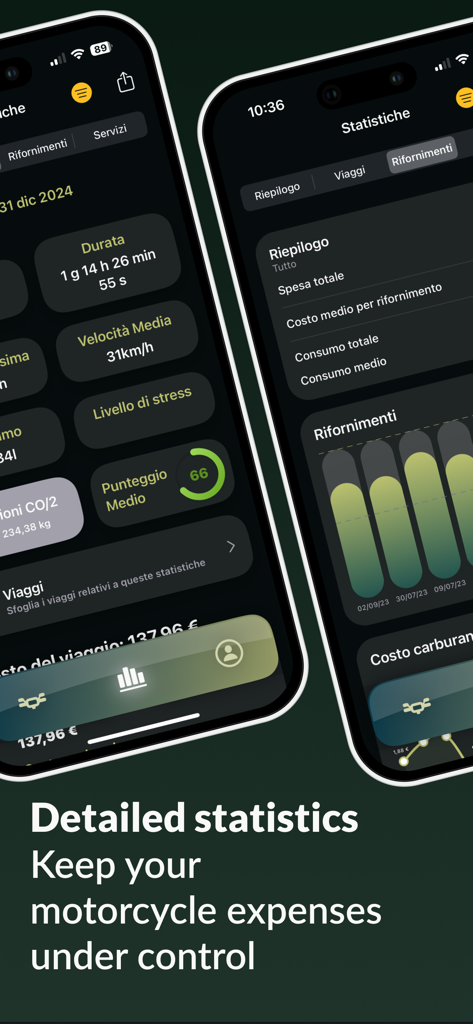 Ride Log: Motorcycle Tracker - Um smartphone exibindo estatísticas detalhadas de viagens de motocicleta e rastreamento de despesas no aplicativo Ride Log.