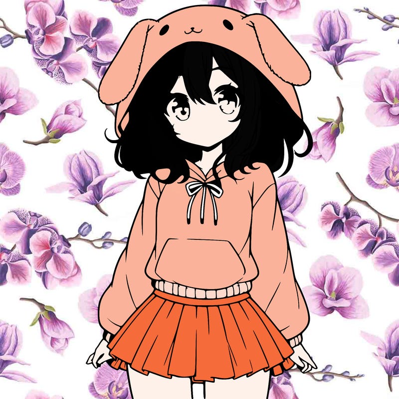 pretty anime girl wearing a fluffy hoodie with bunny ears on the hood and a skirt